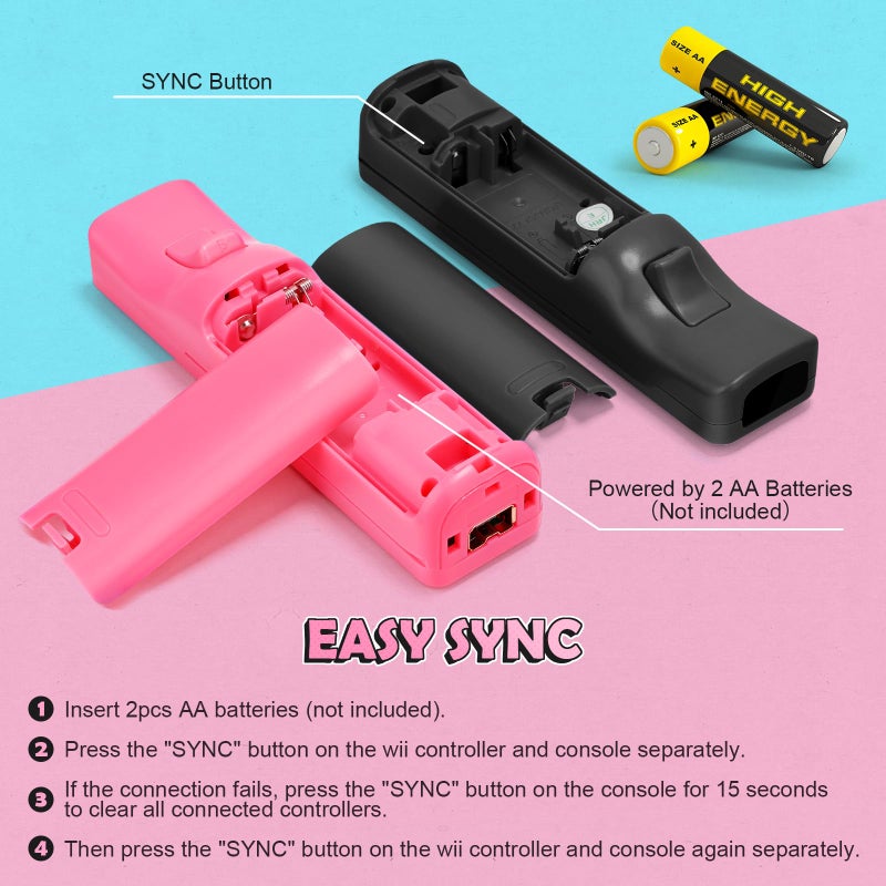 PGYFDAL Wii Controller 2 Pack, Wii Remote Controller and Nunchuck Joystick with Silicone Case and Wrist Strap for Holiday (Black and Pink) - Image 4